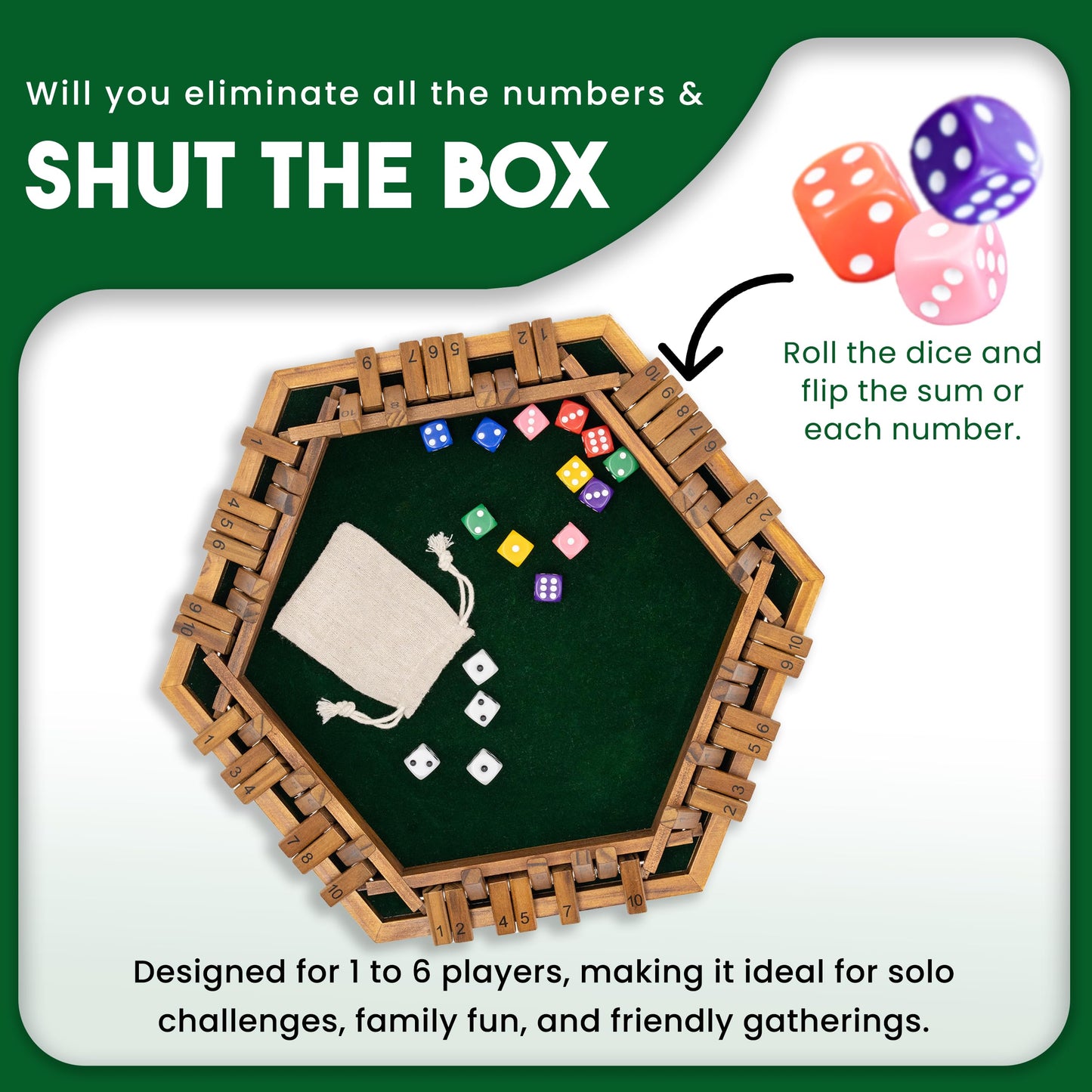 Sam & Evie USA Shut The Box Game Wooden 6 Player – Close The Box Classic Wooden Dice Game for 1-6 Players