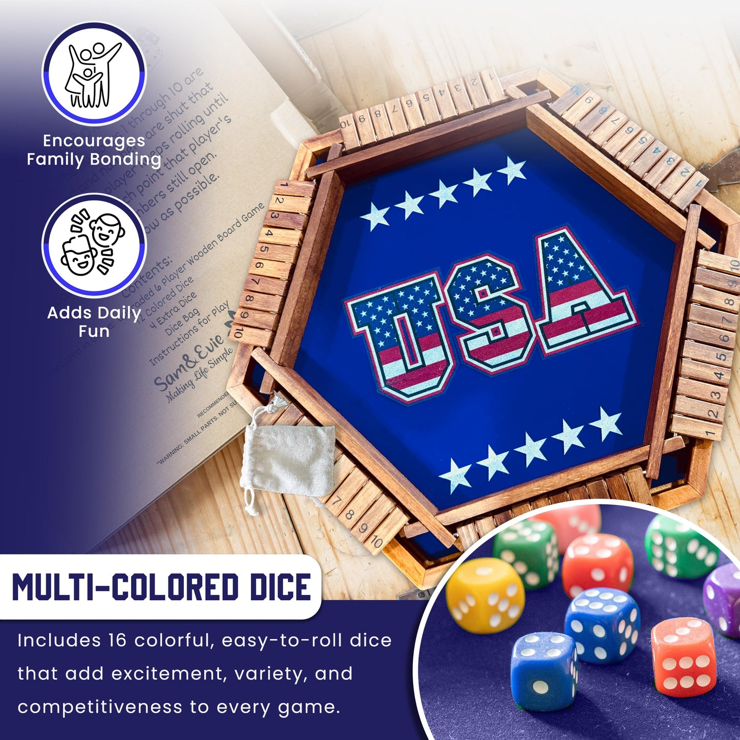 Sam & Evie USA Shut The Box Game Wooden 6 Player – Close The Box Classic Wooden Dice Game for 1-6 Players