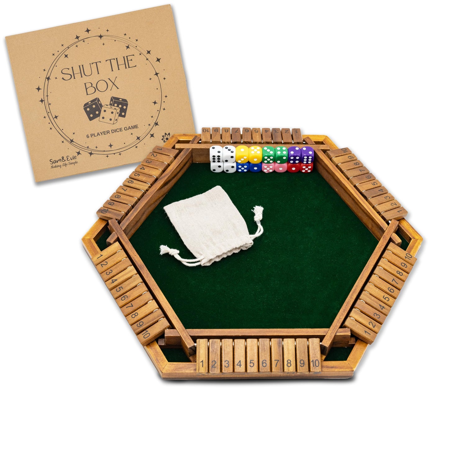 Sam & Evie USA Shut The Box Game Wooden 6 Player – Close The Box Classic Wooden Dice Game for 1-6 Players