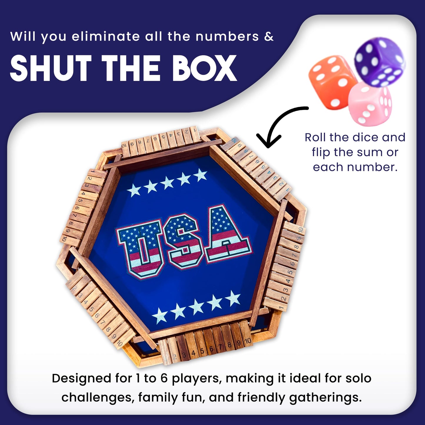 Sam & Evie USA Shut The Box Game Wooden 6 Player – Close The Box Classic Wooden Dice Game for 1-6 Players